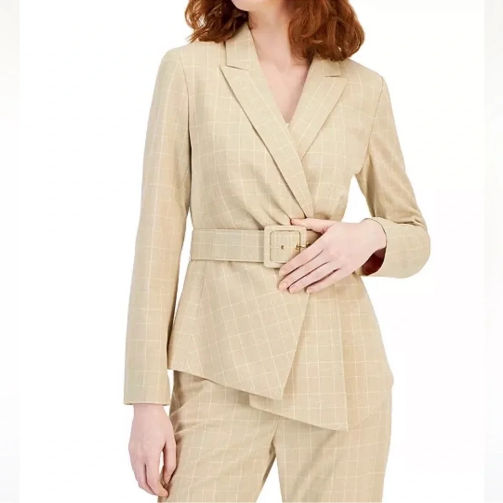 Tahari ASL Plaid Belted Asymmetric Hem Blazer sand/salmon size 14